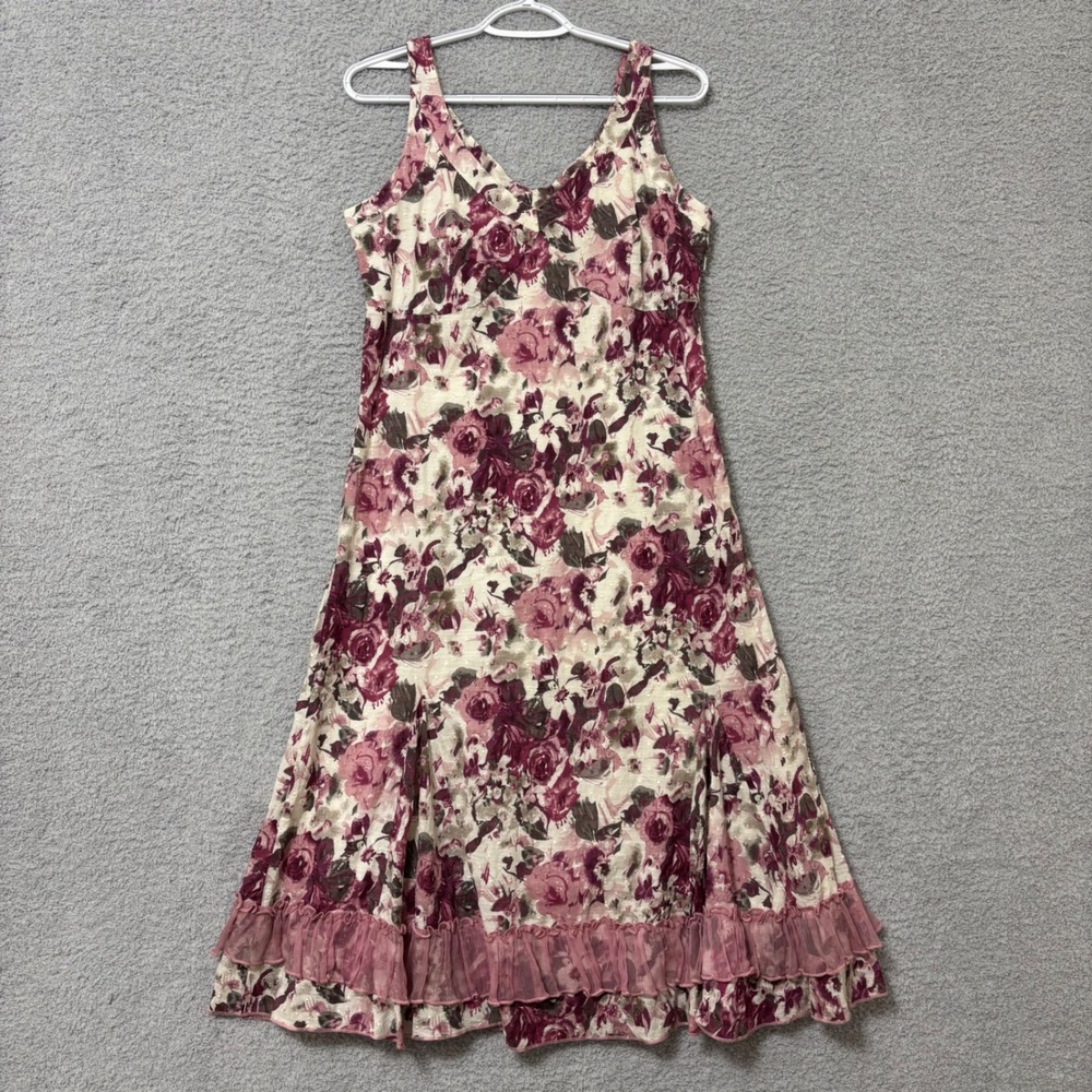 Fit & Flare Cotton Floral Midi Dress Ruffle Hem 12R Feminine Wedding Guest Party